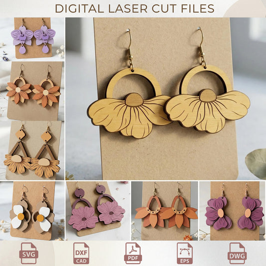 Boho Flower Earrings Laser Cut SVG, Floral Dangle Earring Bundle Glowforge Files