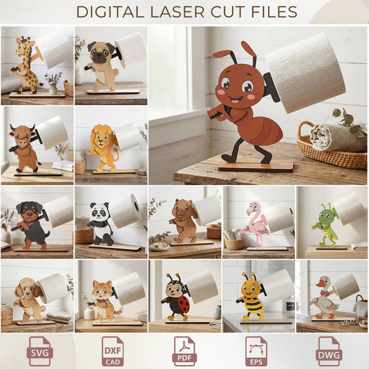Funny Animal Toilet Roll Holder Laser Cut Bundle, Kids Bathroom Decor (Digital Download)