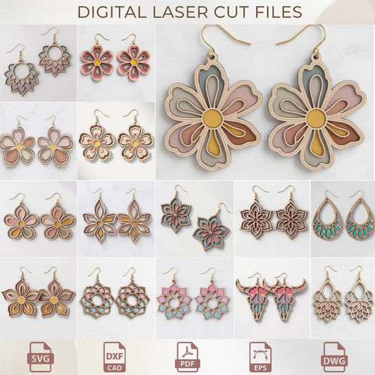 Boho Earring SVG Bundle, Layered Wooden Floral Laser Cut Files for Glowforge