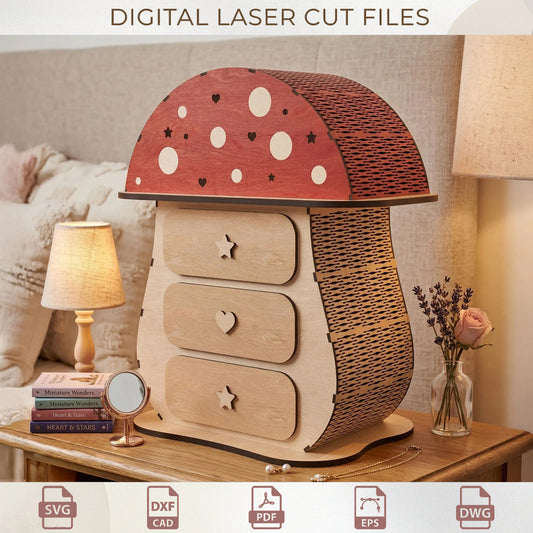 Mushroom Jewelry Box Laser Cut File, 3D Mushroom Chest SVG, Woodland Decor Glowforge Plan
