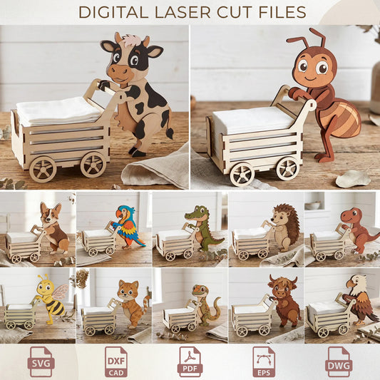 Funny Animal Napkin Holder Laser Cut Bundle, Wood Cart Tissue Holder Glowforge, Kitchen Decor ( Digital Download )