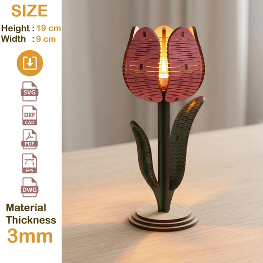 3D Tulip Candle Holder Laser Cut File, Wooden Flower SVG Pattern for Glowforge