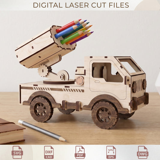 Rocket Pencil Holder Laser Cut File - 3D Wood Truck Desk Organizer SVG Plan