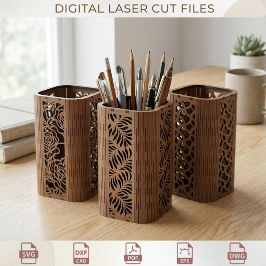 Elegant Floral & Geometric Pen Holder Set - Laser Cut Digital Files