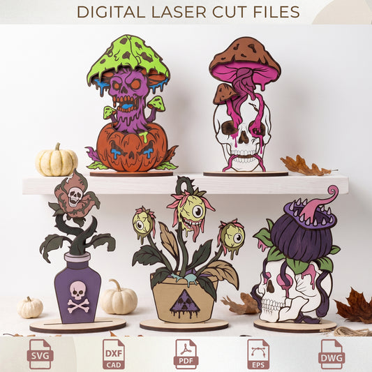 Spooky Monster Plant Laser Cut Bundle, Layered Halloween Wood Stand Table Decor