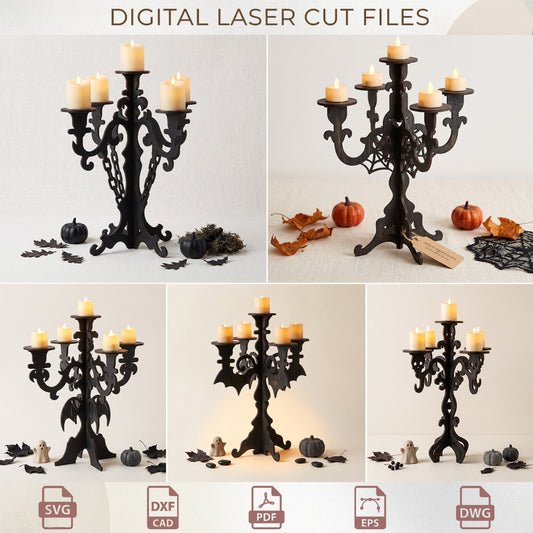 Gothic Candelabra Laser Cut Bundle, Spooky Halloween Candle Holder, 3D Wood Centerpiece Template