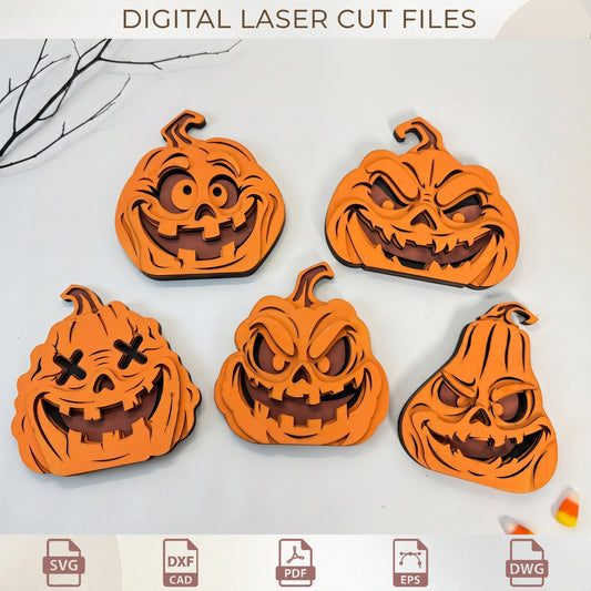 3D Layered Jack-O-Lantern SVG Bundle, Spooky Halloween Pumpkin Laser Cut Files, Wood Decor Template