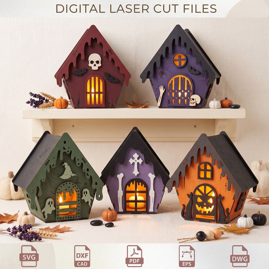 3D Halloween Haunted House Lantern Laser Cut Bundle, Layered Wood Tealight Holder Template