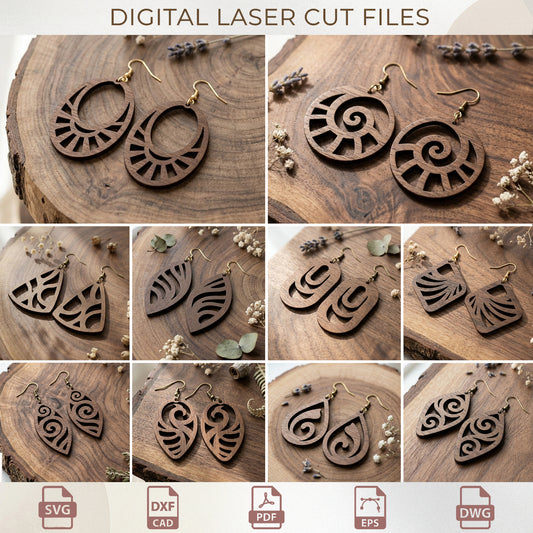 Abstract Boho Earring SVG Bundle, Tribal Wood Jewelry Laser Cut Files, Geometric Dangle Templates
