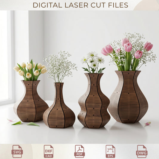 3D Wooden Vase Bundle Laser Cut, Modern Decorative Flower Pot SVG, Wood Decor Templates