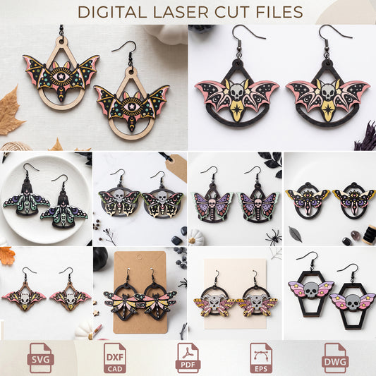 Mystical Pastel Goth Moth Earring Laser Cut Bundle, Spooky Wood Jewelry Templates