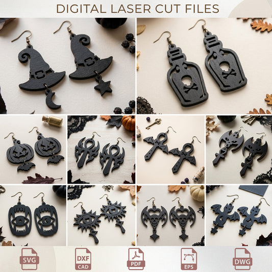 Halloween Earring SVG Bundle, Spooky Goth Wood Jewelry Laser Cut ( Digital Download )