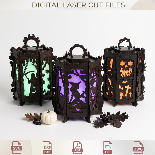 Halloween Lantern Laser Cut Bundle, Wood Creepy Silhouette Lamp Templates, Halloween Table Decor