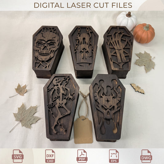Halloween Coffin Box Laser Cut Bundle, 3D Layered Skeleton & Skull Storage, Wood Casket Template