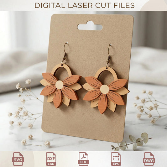 Boho Flower Earrings Laser Cut SVG, Floral Dangle Earring Bundle Glowforge Files