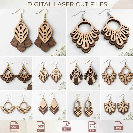 Layered Boho Earring SVG Bundle, Geometric Wood Jewelry Laser Cut (Digital Download)