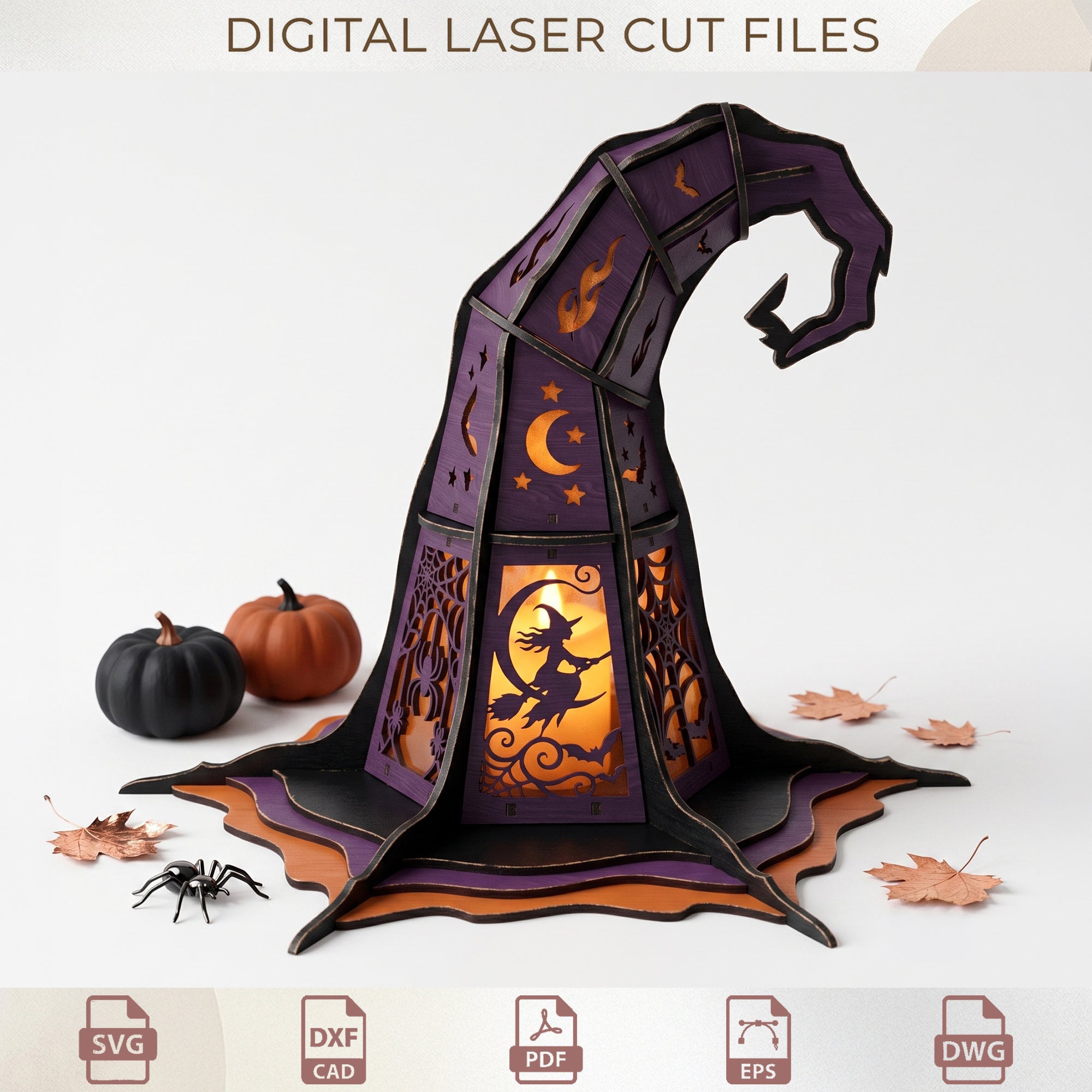 3D Witch Hat Lantern Laser Cut, Spooky Halloween Tealight Holder