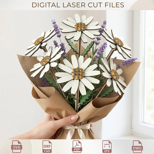 3D Daisy Flower Bouquet Laser Cut File, Wooden Floral SVG Template for Spring Decor