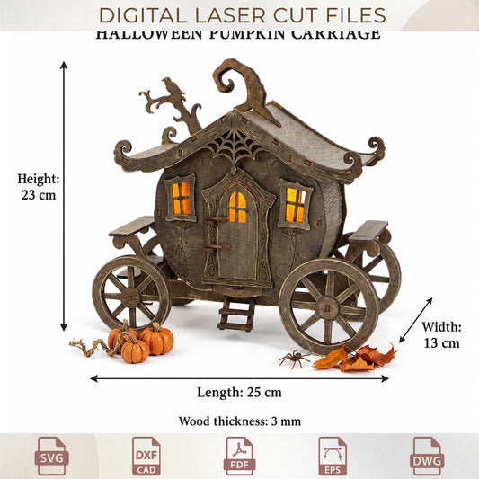 3D Halloween Pumpkin Carriage SVG, Spooky Lantern Wagon Laser Cut, Wood Table Centerpiece Decor