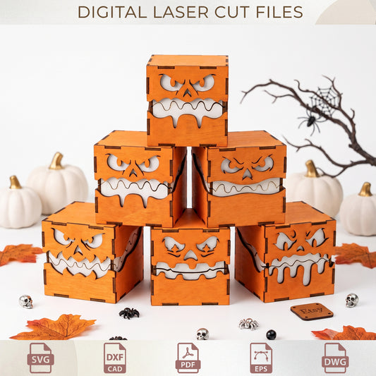 3D Wooden Monster Treat Boxes Laser Cut SVG Bundle, Pumpkin Block Template, Halloween Decor