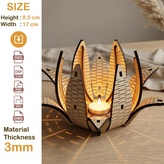 3D Flower Candle Holder Laser Cut File, Wooden Lotus Tea Light SVG