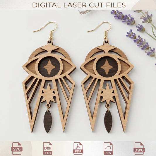 Celestial Earring Laser Cut Bundle, Boho Wood Jewelry Templates, Mystical Moon, Star & Evil Eye