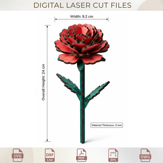 3D Peony Bouquet Laser Cut File, Wooden Flower SVG Template, Digital Glowforge Design