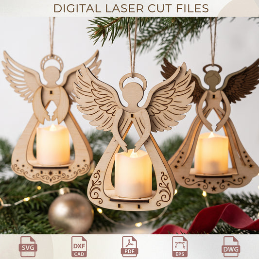 Angel Tea Light Holder Laser Cut Bundle, Wooden Christmas Candle Holder Template, Tree Decor