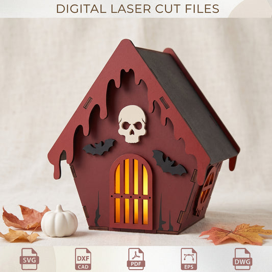 3D Halloween Haunted House Lantern Laser Cut Bundle, Layered Wood Tealight Holder Template