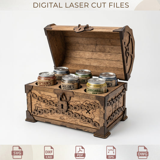 Pirate Treasure Chest Beer Box Laser Cut, DIY Wooden Storage Caddy (Digital Download)