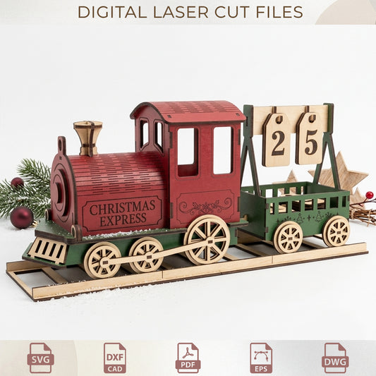 Christmas Train Countdown Advent Calendar Laser Cut, Wooden Holiday Centerpiece (Digital Download)