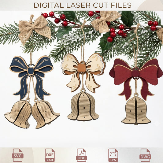 3D Christmas Bell Ornament Laser Cut Bundle, Hanging Wood Bell Tree Decor (Digital Download)