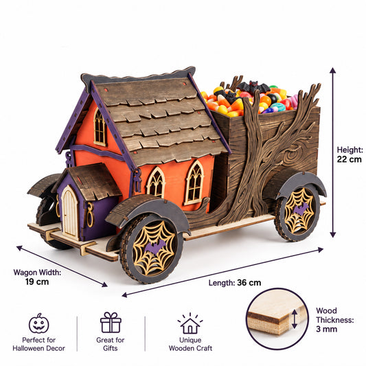 3D Haunted House Candy Truck Laser Cut, Halloween Spooky Wagon , Wooden Treat Box Centerpiece