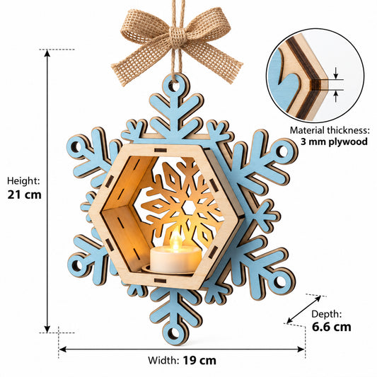 Set 3 Christmas Ornament Laser Cut, Snowflake Tea Light Holder Template, Stocking Wood Lantern