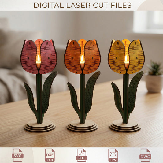 3D Tulip Candle Holder Laser Cut File, Wooden Flower SVG Pattern for Glowforge
