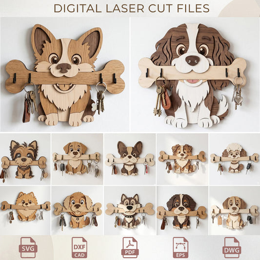 Dog Breed Key Holder Laser Cut Bundle, Wooden Entryway Wall Organizer, Petlover Wood Gift