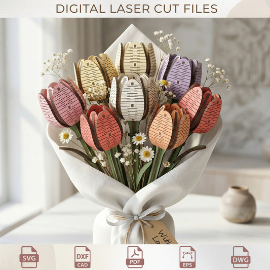 Wooden Flower Bouquet Laser Cut, 3D Floral SVG, Gift for Mother’s Day Plan