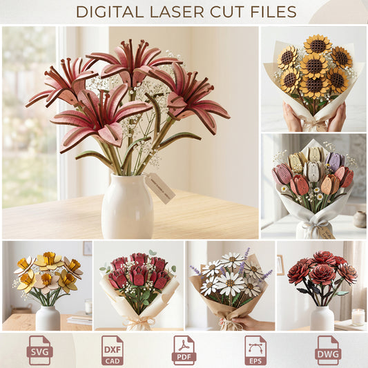 3D Wooden Flower Bouquet SVG Bundle, Layered Floral Bouquet Laser Cut, Mother's Day Gift Template, Spring Decor & Gift