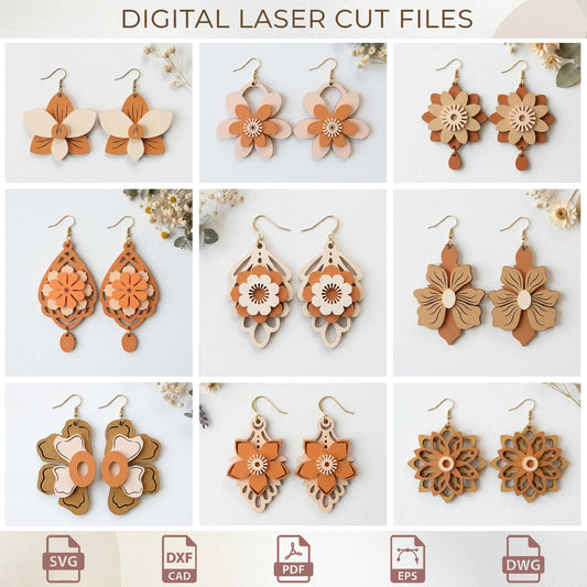 Floral Earring SVG Bundle, Wooden Flower Earrings Laser Cut Files, Boho Jewelry Designs