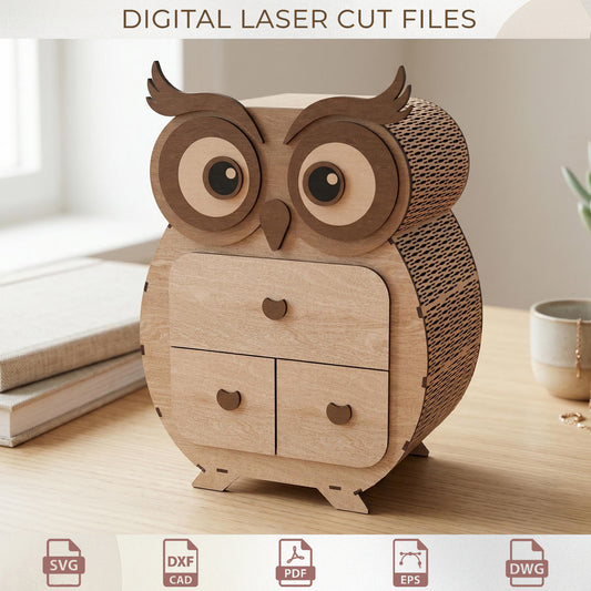 Owl Jewelry Box Laser Cut Files, 3D Wooden Owl Chest, 3mm Wood Desktop Organizer