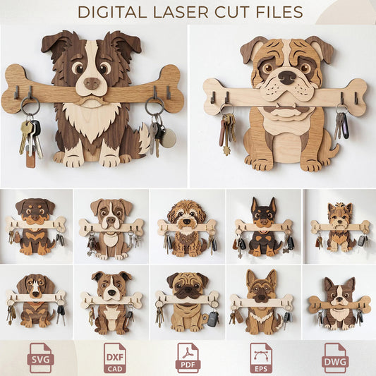 3D Dog Key Holder Laser Cut SVG Bundle, Layered Wood Pet Leash Hanger, Petlover Glowforge Design