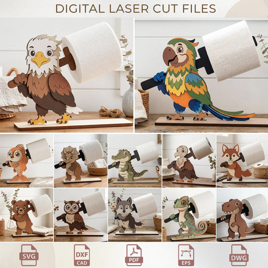 Wild Animal Toilet Roll Holder SVG Bundle, Funny Bathroom Decor Laser Cut Glowforge Files