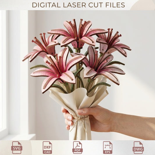 3D Wooden Lily Flower Laser Cut File, SVG Template for Wood Floral Decor