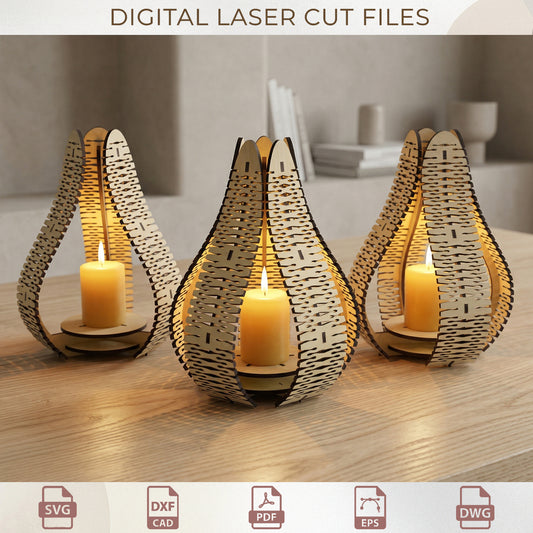 Laser Cut Wooden Candle Holder SVG, Teardrop Tealight Lantern Template File for Glowforge