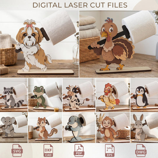 Animal Toilet Roll Holder Laser Cut Bundle, Wooden Funny Bathroom Decor  (Digital Download)