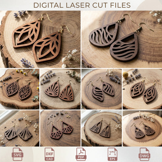 Boho Teardrop Earring SVG Bundle, Abstract Wood Jewelry Laser Cut, Leaf & Wave Dangle Templates