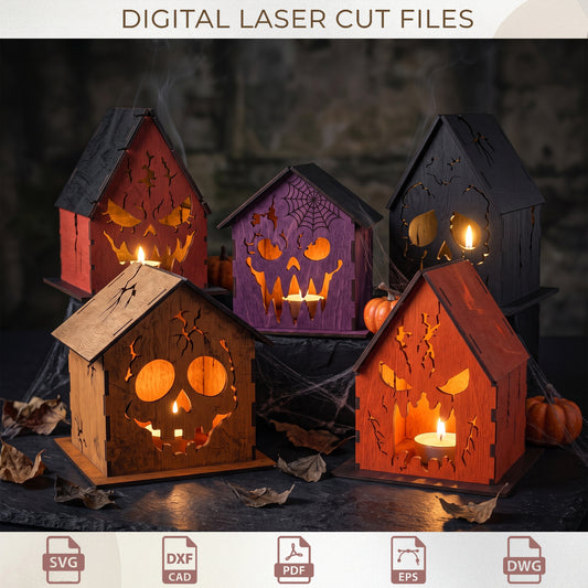 Halloween Haunted House Lantern SVG Bundle, Spooky Tealight Laser Cut Decor (Digital Download)