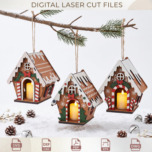 Gingerbread House Ornament Laser Cut Bundle, Christmas Tea Light Holder Template, Hanging Wood Lantern