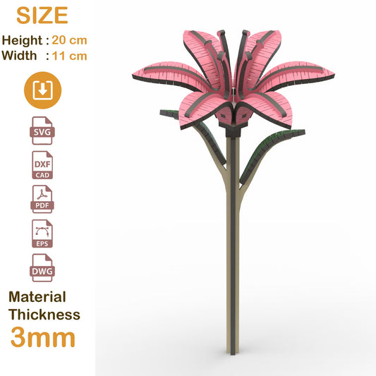 3D Wooden Lily Flower Laser Cut File, SVG Template for Wood Floral Decor