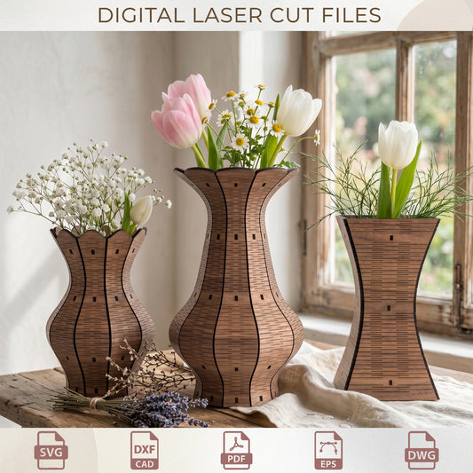 3D Wooden Vase Set Laser Cut, Living Hinge Plywood Planter Template, Elegant Wood Decor Files